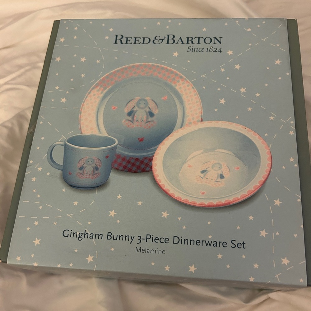 Reed & Barton Gingham Bunny Melamine 3pc Baby Dinnerware Set NIB Pink